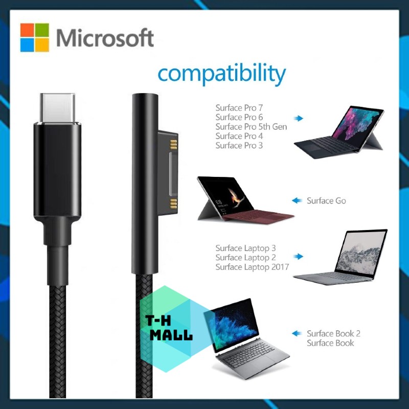 Cáp sạc nhanh PD Type C to Surface Pro 3 4 5 6 7 8 9 Surface Go Surface Book 1 2 Laptop 15V 65W 102W Microsoft