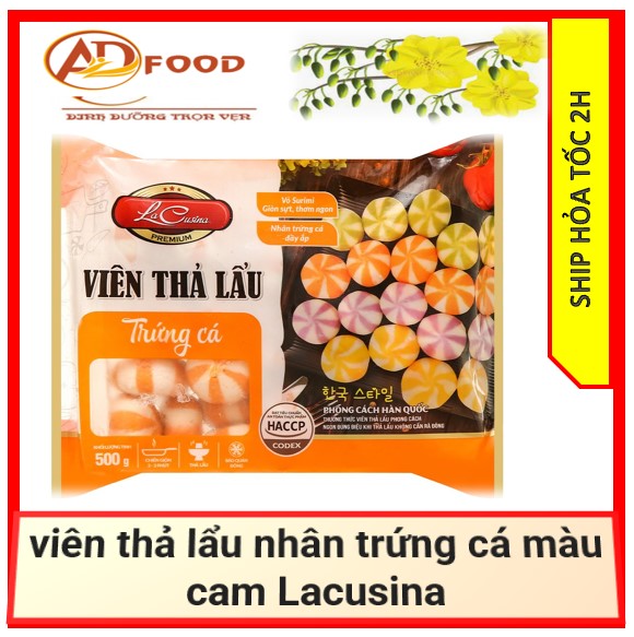 viên thả lẩu nhân trứng cá màu cam Lacusina gói 500g