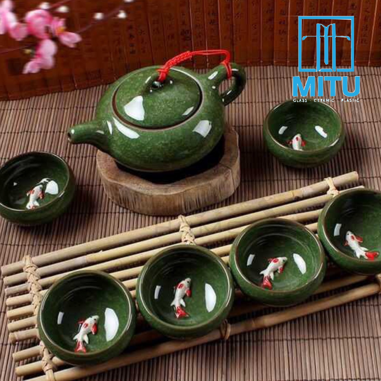 Bộ Ấm 6 Chén Trà Men Ngọc Bích Cá 3D Sang Trọng