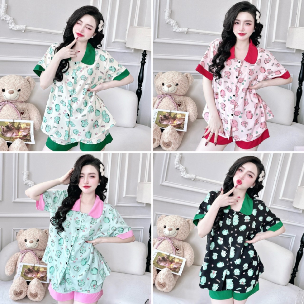 Đồ Bộ Ngủ Nữ Pyjama Phối Viền Cao Cấp Đùi Lụa Nhật Bigsize 50-100kg Đồ Bộ Mặc Nhà Pijama