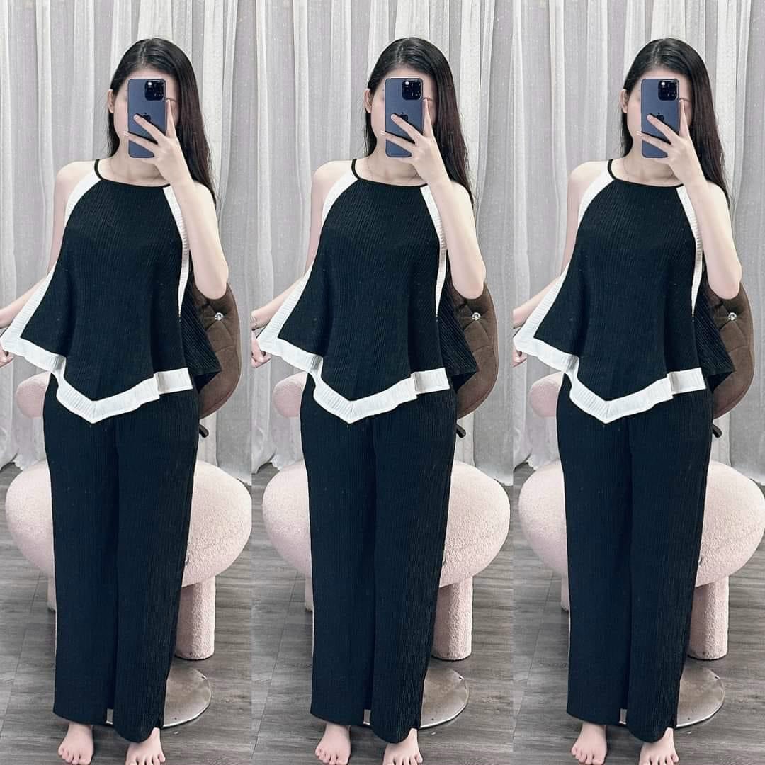 Set yếm nữ màu đen phối áo sơ mi tay phồng, váy yếm dài qua gối, áo sơ mi cài nút, set yếm tiểu thư mặc đi chơi sang chảnh