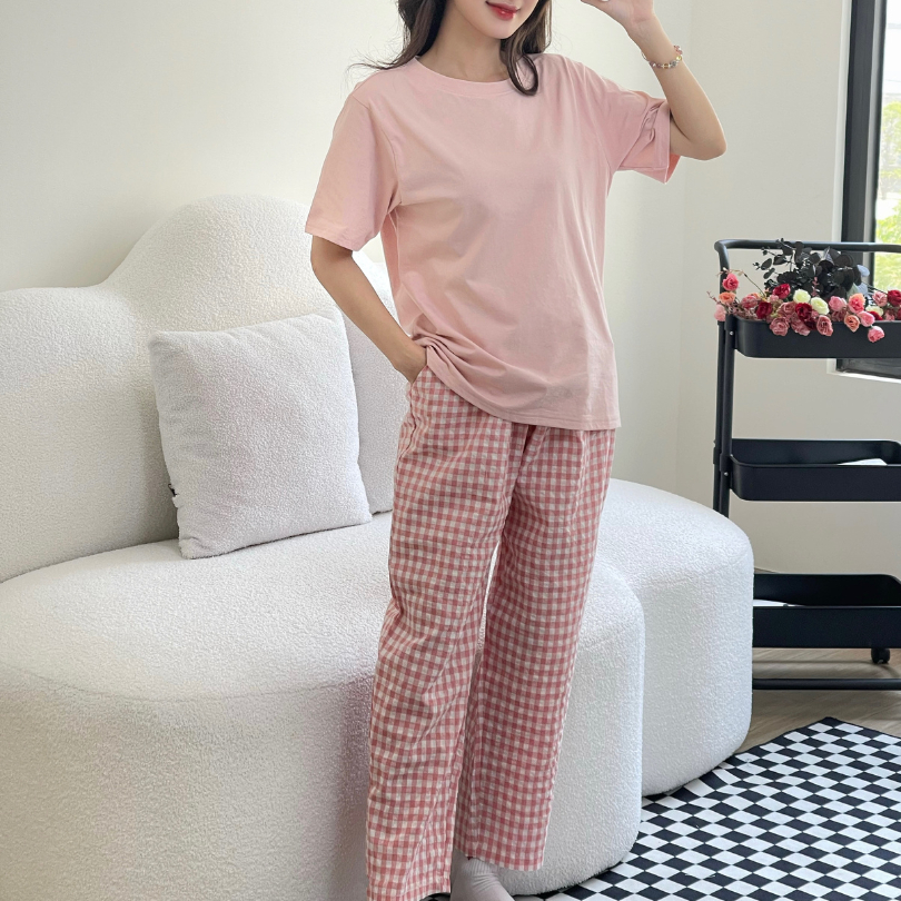 Quần dài caro nữ lưng thun phom Baggy ANHSTORE chất đũi cotton thời trang quần dài caro nữ baggy thời trang