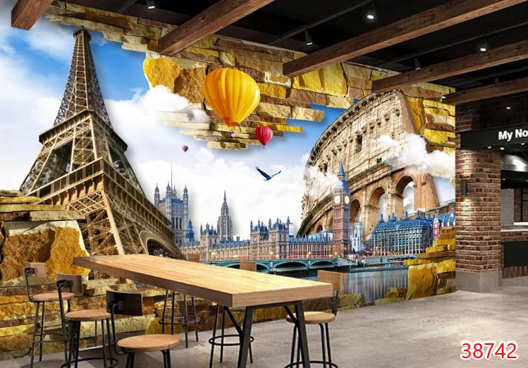 Tranh dán tường 3d trang trí quán cafe trà sữa trà chanh giá rẻ đẹp chất liệu decal pp keo sẵn bóc dán PA
