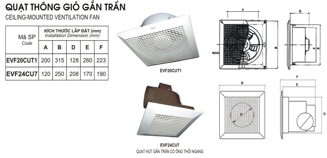 Quạt thông gió Lioa gắn trần (có ống thổi ngang) EVF24CU7