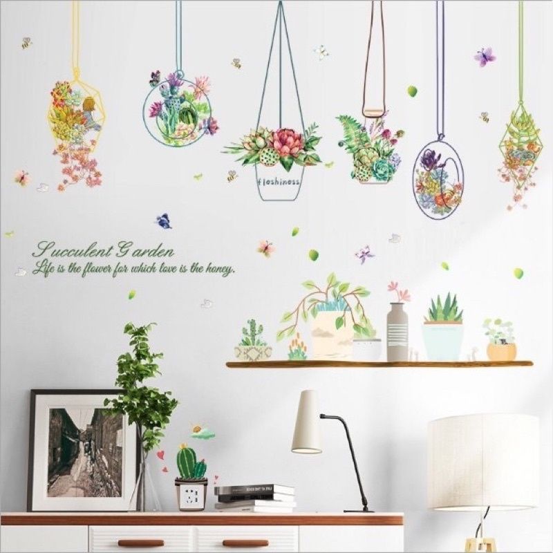decal dán tường giỏ hoa, sẵn keo