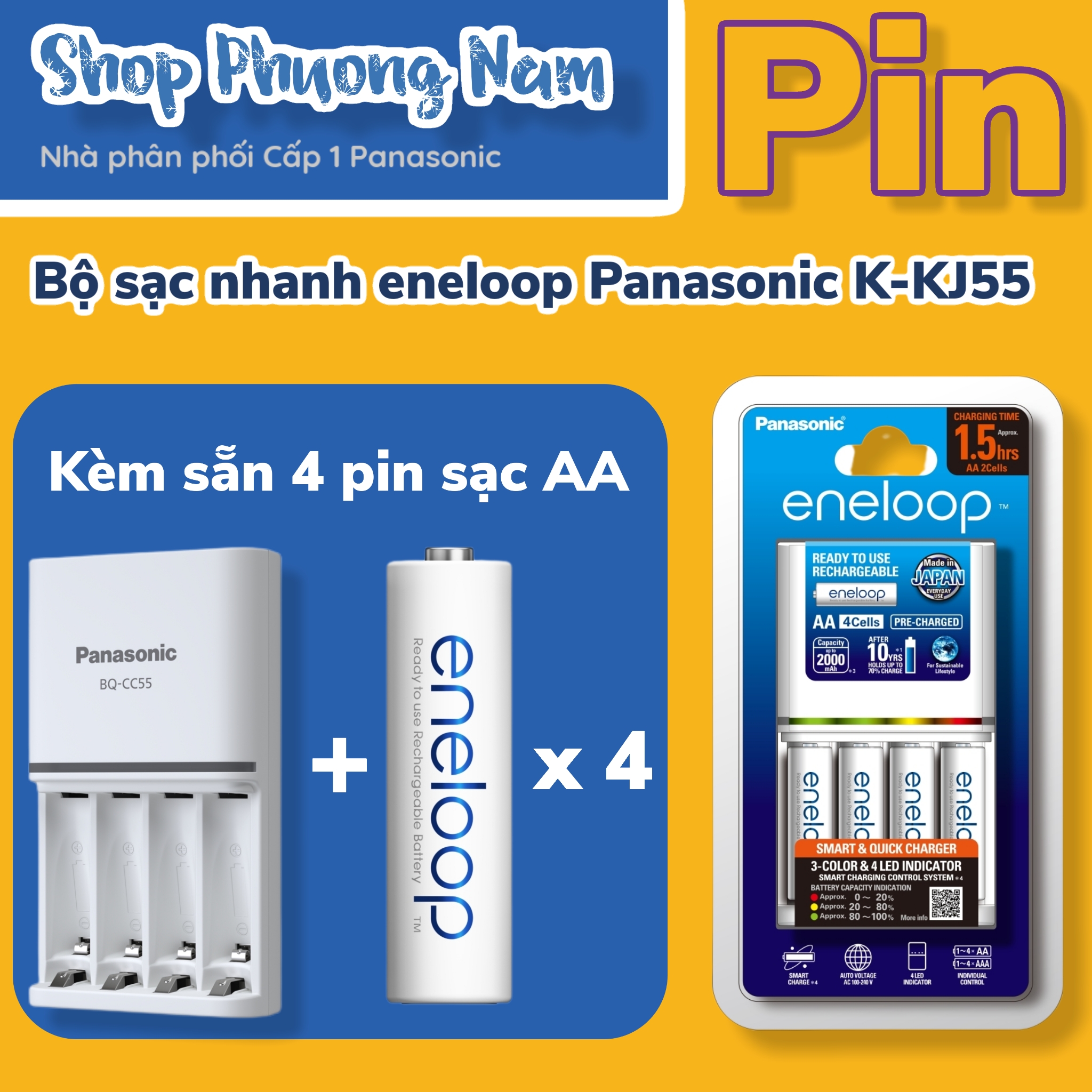 Pin sạc , bộ sạc NHANH Panasonic eneloop K-KJ55