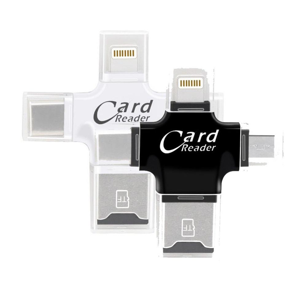 Đầu Đọc Thẻ Đa Năng 4 Trong 1 Dành Cho iPhone/Android Micro SD USB (OTG) TF/Lightning/Type-C