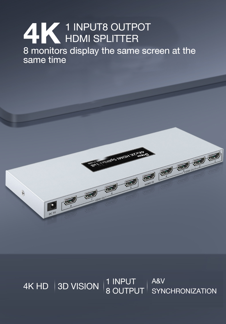 Thiết bị chia cổng HDMI từ 1 ra 8 DTECH DT-7148B mini hỗ trợ video 2K / 4K / 3D (Đen) - Nhất Tín Computer