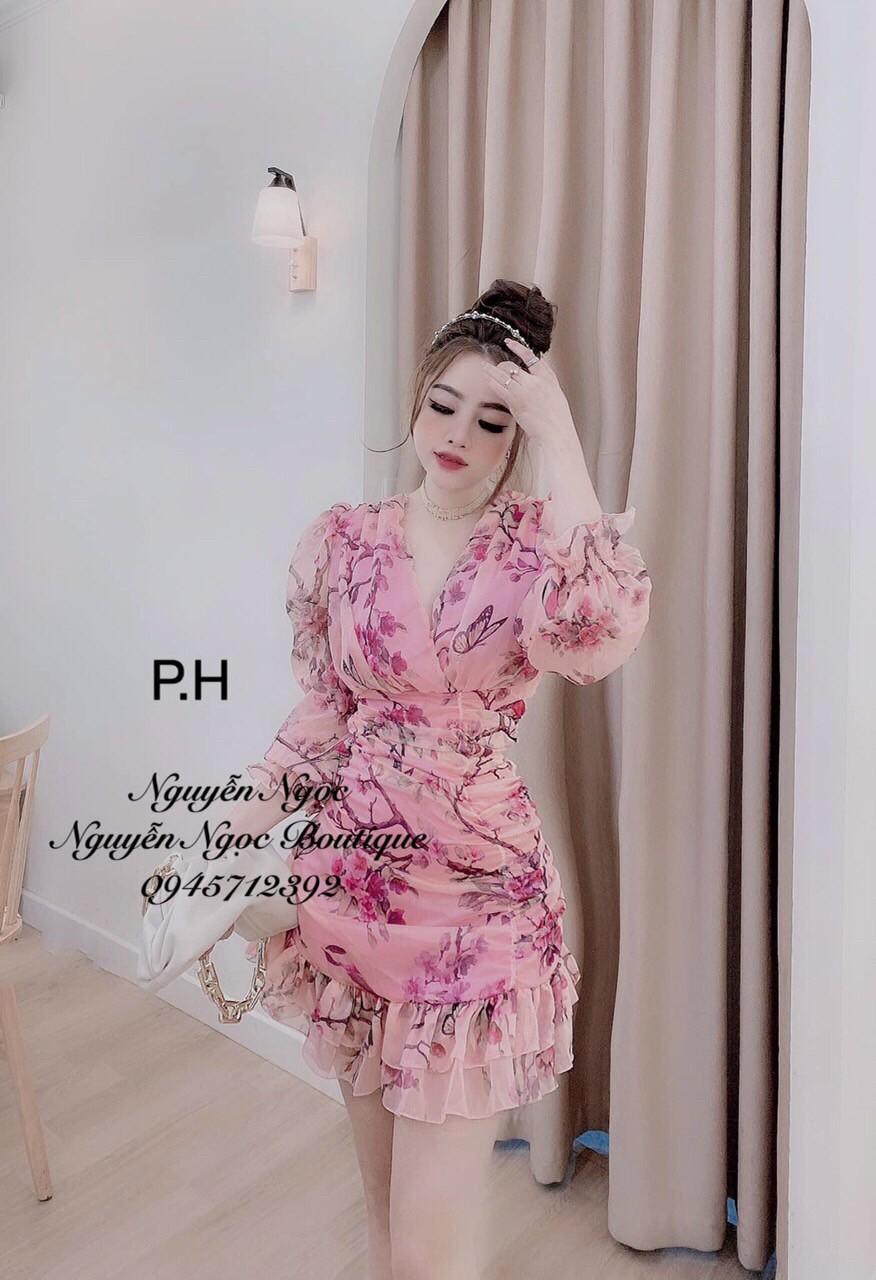 [HCM]Đầm hoa body đuôi cá cổ đắp chéo tay lỡ