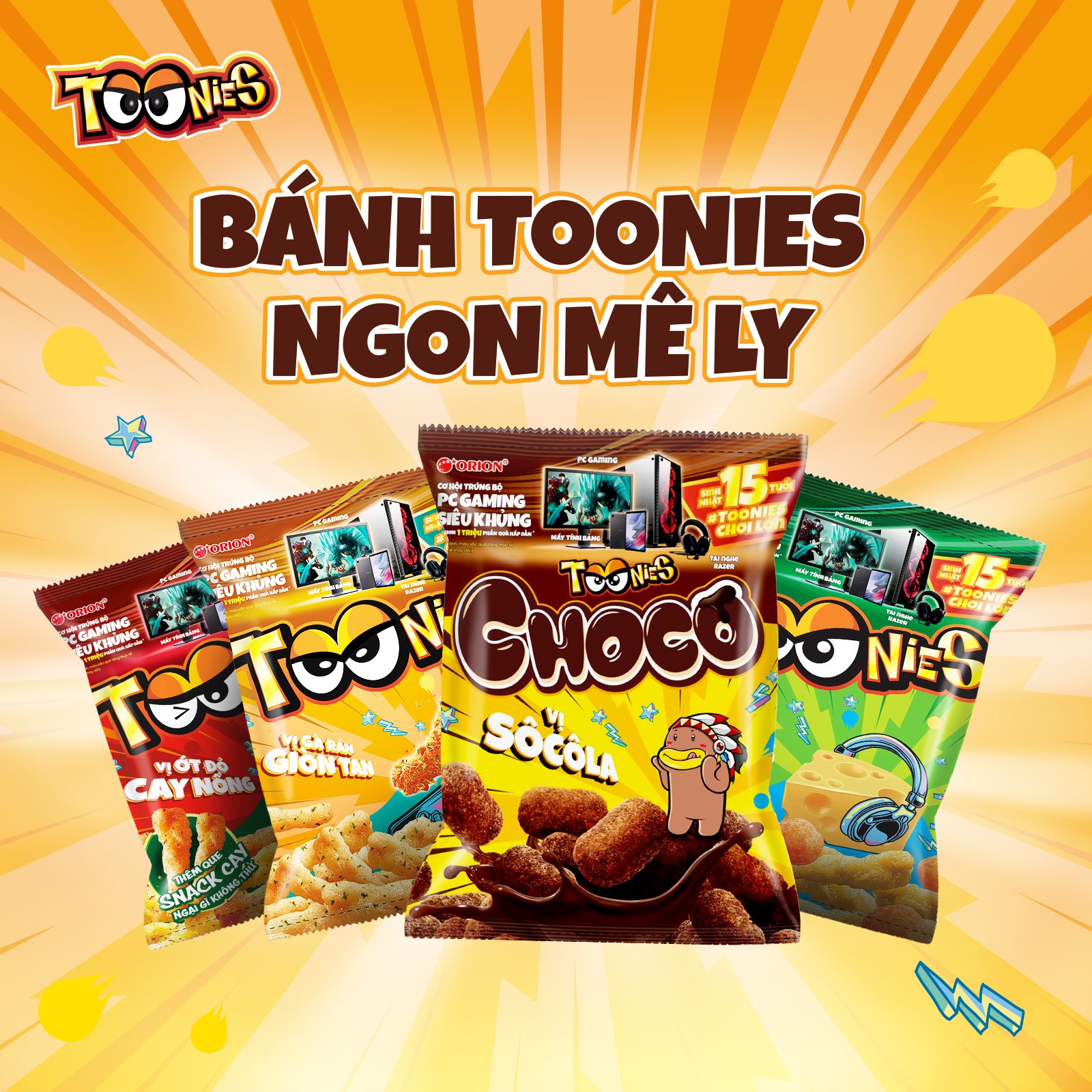 HCMCOMBO 10Bánh Snack Bim Bim Toonies Choco Phô Mai Cay Gà Rán Giòn - 38g