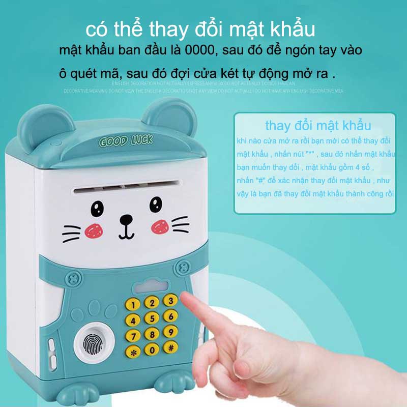 Đồ chơi két sắt cho bé trai và bé gái hình mèo dễ thương thiêt kế mới với khóa số bảo mật và khóa vân tay an toàn, tự động cuốn hút tiền vào trong khi để tiền - Két đựng tiền cho bé yêu bằng nhựa cao cấp