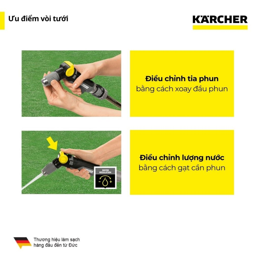 Vòi tưới cây Karcher Plus, 2 kiểu phun tia thẳng và phun hình nón, điều chỉnh lượng phun tưới, có khóa tay cầm