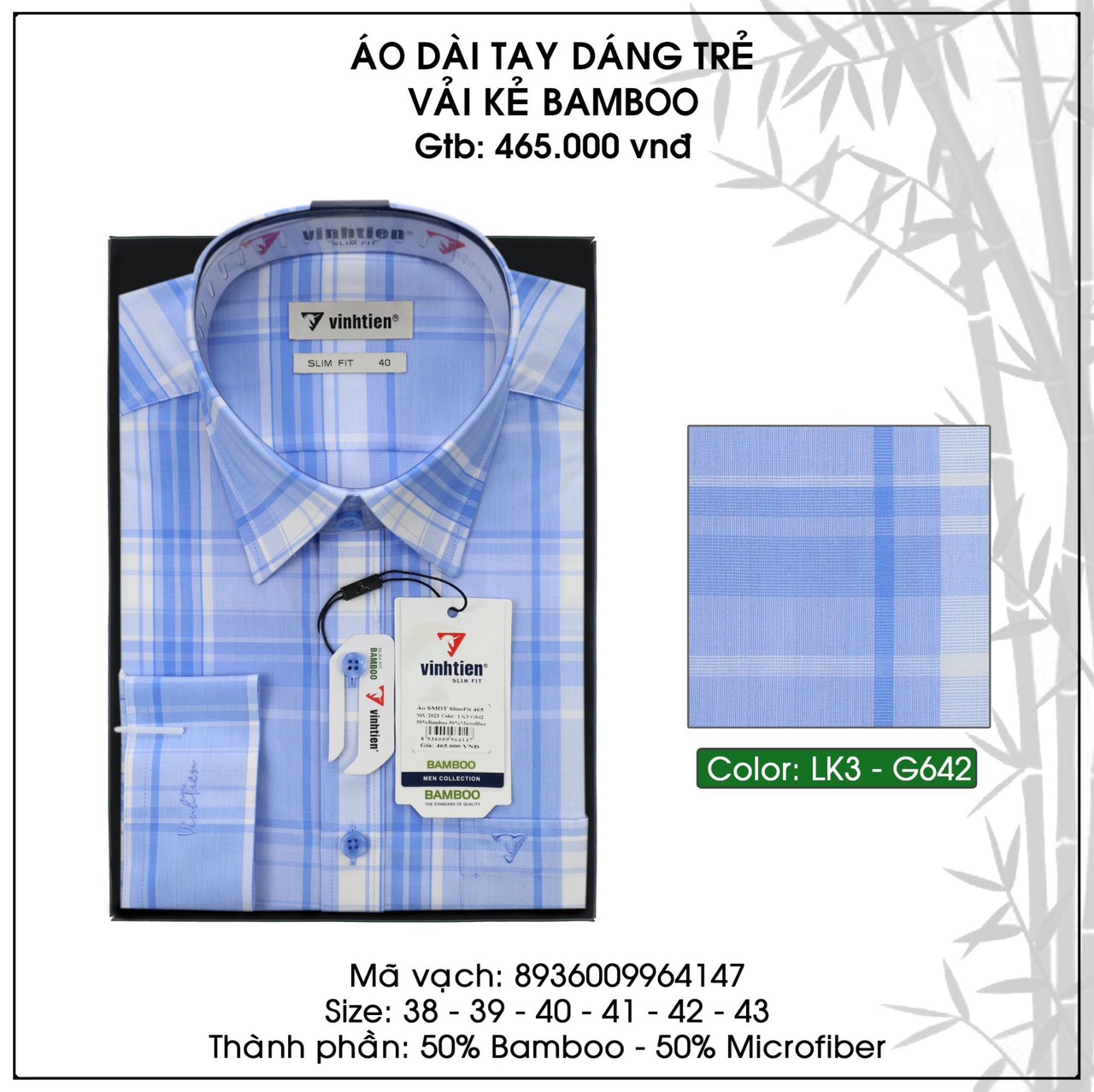 Áo Sơ Mi Dài Tay Bamboo Dáng Slimfit Phom - Vạt Bầu Vĩnh Tiến Kẻ Sọc Caro 465 - N2