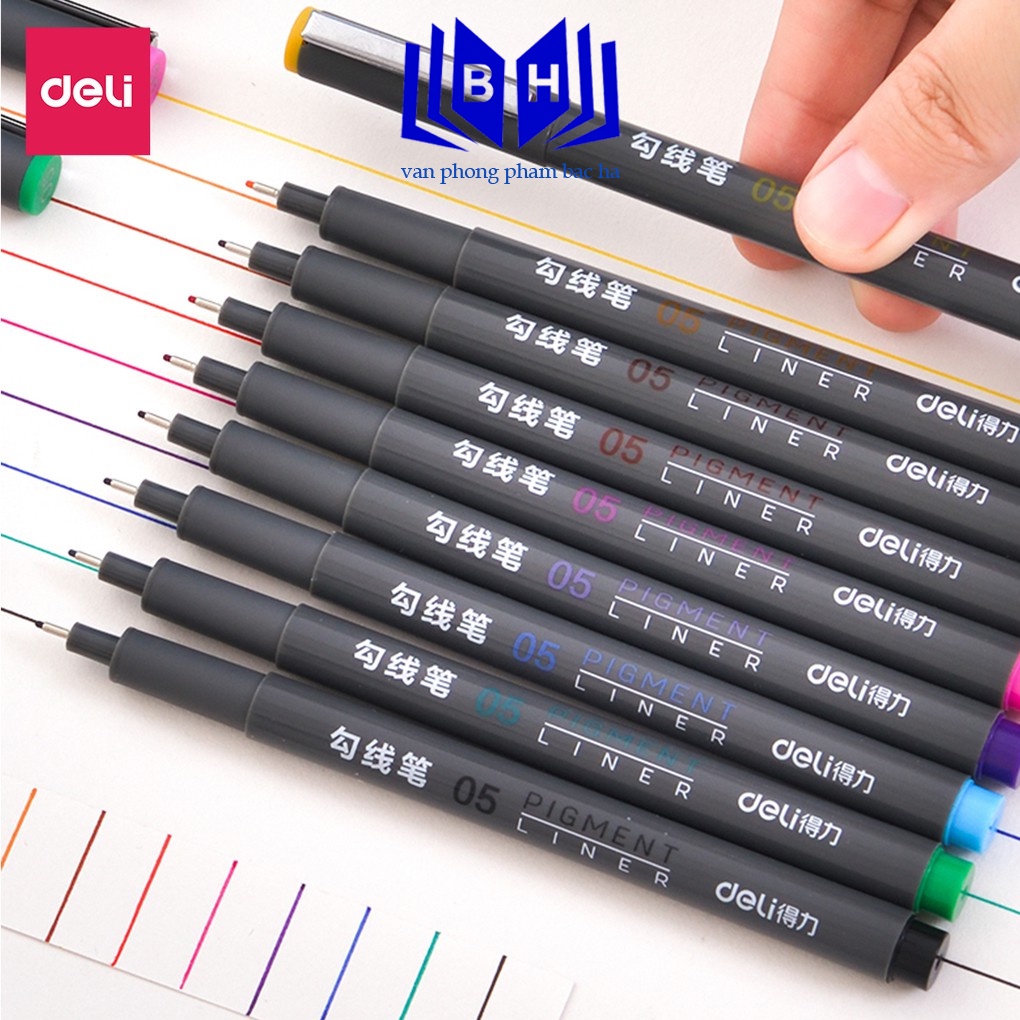 Bút đi nét liner 9 màu Deli - Ngòi bọc kim loại 0.5mm - Màu gốc nước - 9 màu 9 chiếc/Hộp - 1 Hộp - S572