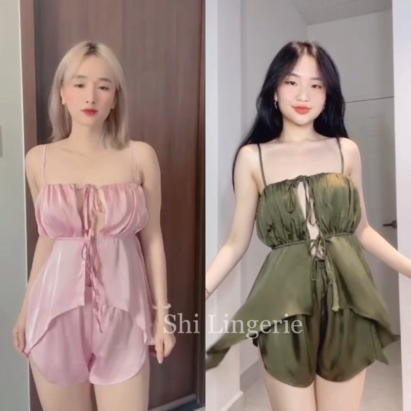 Bộ ngủ lụa cột dây vạt xéo [Shi.Lingerie]