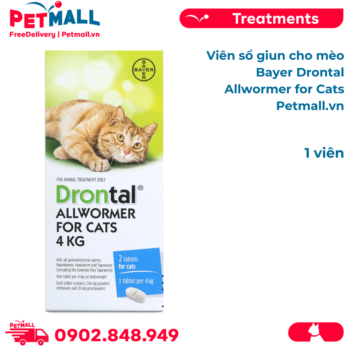 Viên sổ giun cho mèo Bayer Drontal Allwormer for Cats - 1 viên Petmall