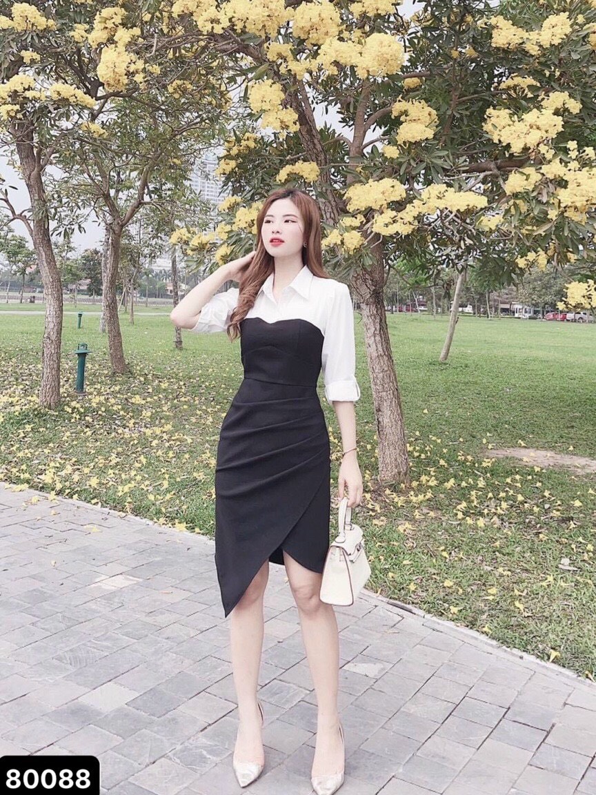 Đầm poly 2 da phối voan siêu xinh , tôn dáng cho các chị em