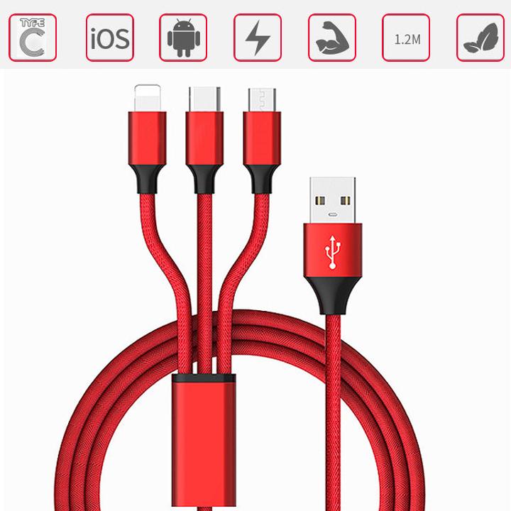 Dây sạc 3 đầu Lightning, Micro USB, Type C