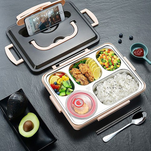 [Lấy mã giảm thêm 30%] Khay Cơm Phần 5 Ngăn Giữ Nhiệt INOX 304 tặng kèm thìa và đũa inox