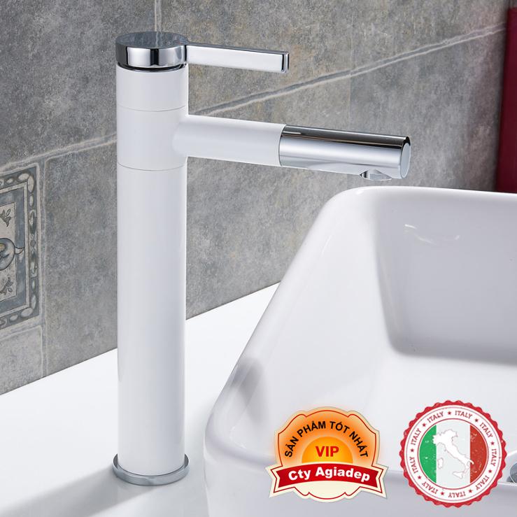 Vòi Lavabo nóng lạnh (Bóng kính, chân cao) + 2 dây cấp - Siêu cấp ITALIA