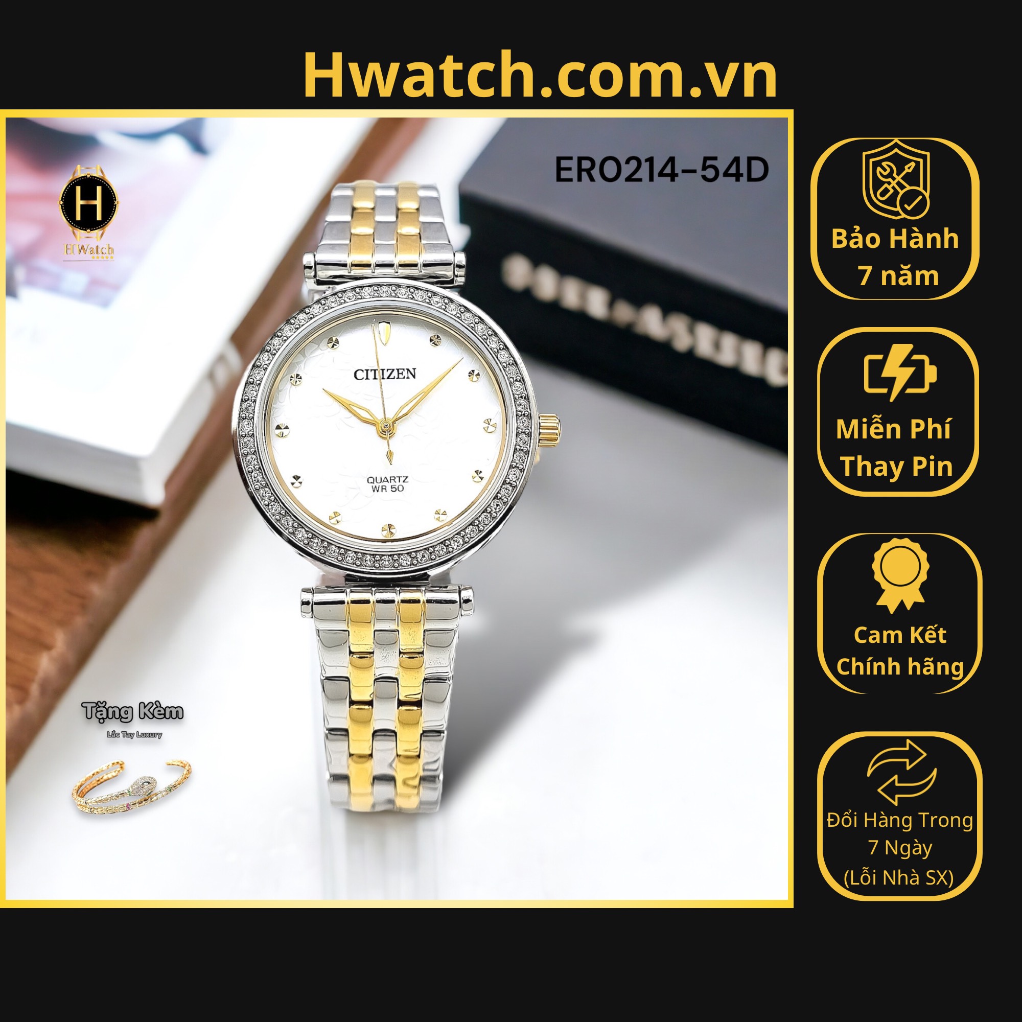 Đồng hồ nữ citizen pin er0214-54d dây thép vỏ trắng mặt trắng hoa văn ấn tượng