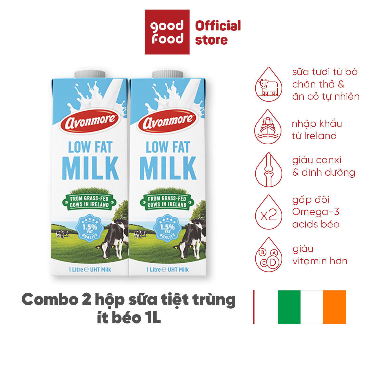 Combo 2 hộp Sữa tươi ít béo tiệt trùng không đường Avonmore UHT Low Fat
