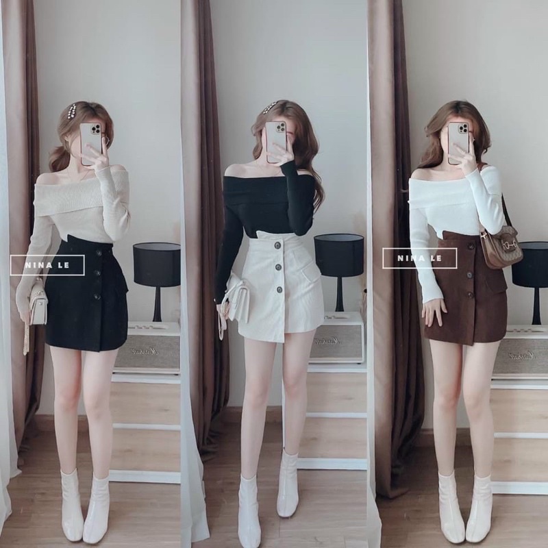 áo len dệt kim trễ vai cổ bẻ