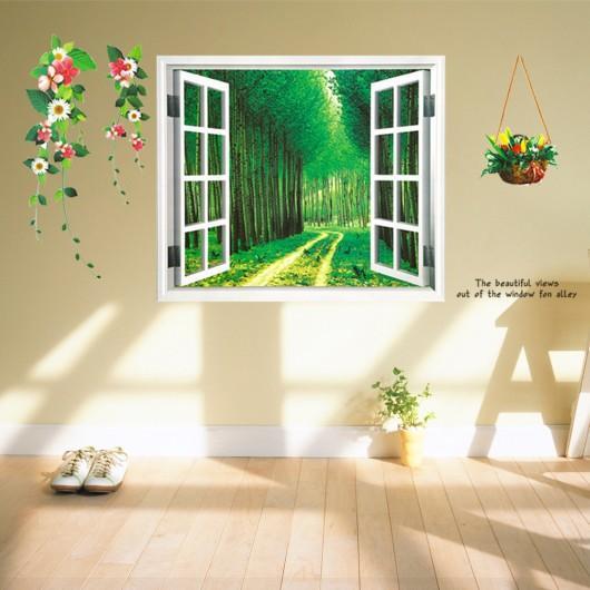 Decal dán tường CỬA SỔ 3D - RỪNG XANH Sticker Tranh Dán Tường - Decal dán tường cây xanh ,Decal dán tường hoa lá