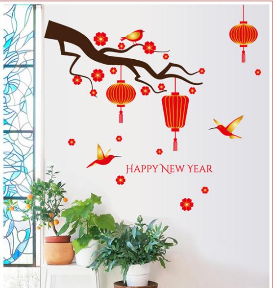 [HCM]Decal Trang Trí Tết - Cành Mai Đỏ Cùng Chim Và Lồng Đèn Đỏ