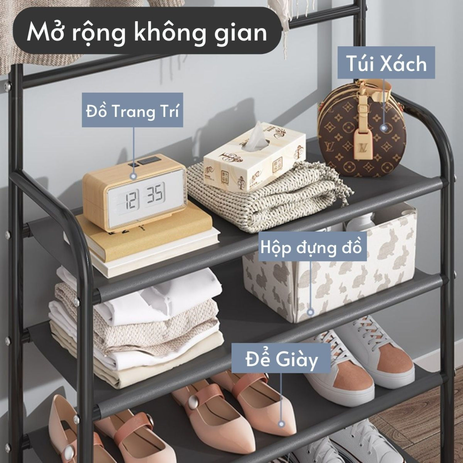 Giá Kệ để giày dép đa năng 4 tầng thông minh có móc treo quần áo dễ dàng lắp đặt - TKGB