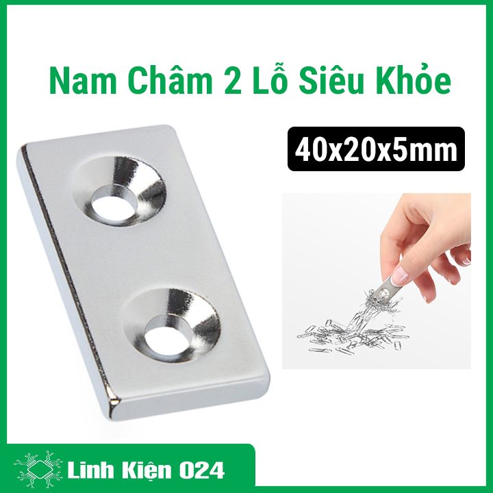 Nam châm đất hiếm 40x20x5mm 2 lỗ bắt vít 5mm siêu từ tính