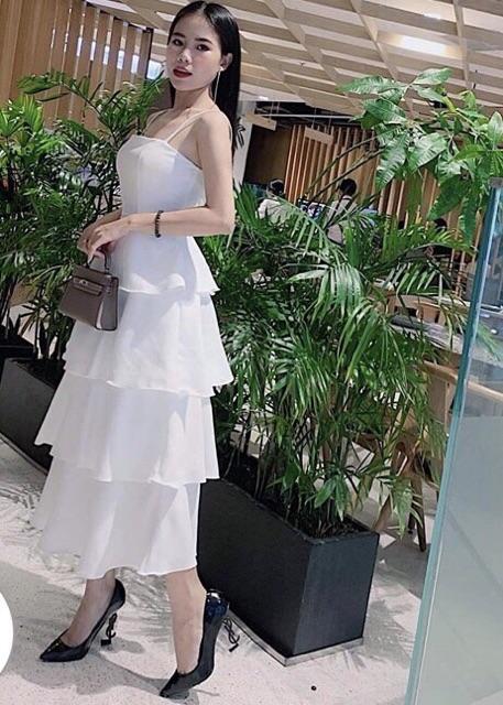[HCM]Đầm hai dây Maxi trắng 4 tầng