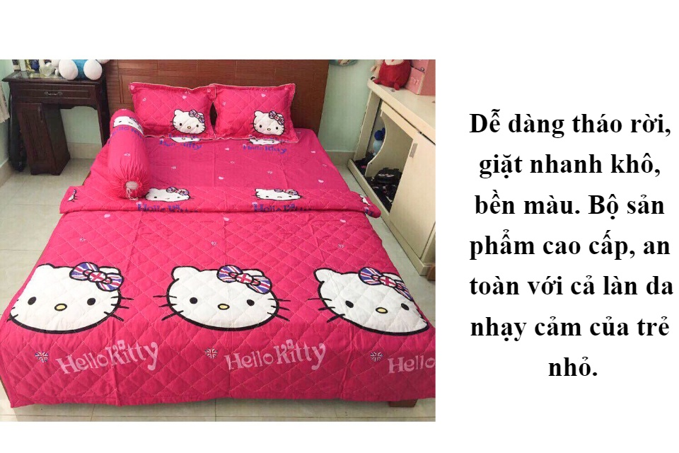 [HÀNG SẴN HCM] Bộ Chăn Ga Cotton Poly Kitty Hồng 5 Món 1M6 x 2M ( 1 Drap + 2 Vỏ Gối Nằm + 1 Chăn Hè + 1 Vỏ Gối Ôm )