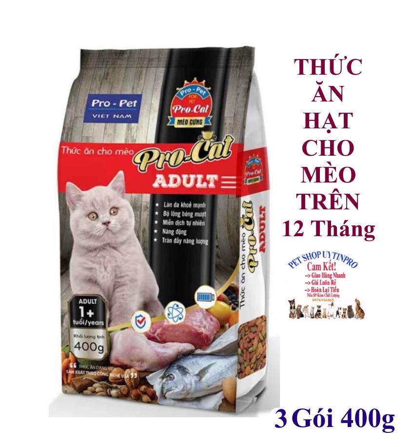 Combo 3 gói thức ăn hạt cho mèo trưởng thành pro-cat aldult gói 400g xuất xứ pro-pet việt nam dinh dưỡng hoàn chỉnh cho mèo - pet shop uytinpro