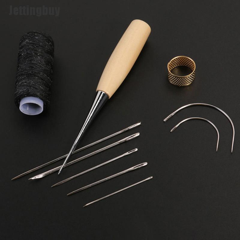 Jettingbuy 10pcs Leather Sewing Needles Stitching Needles Kit Thread Thimbles Shoes Tool