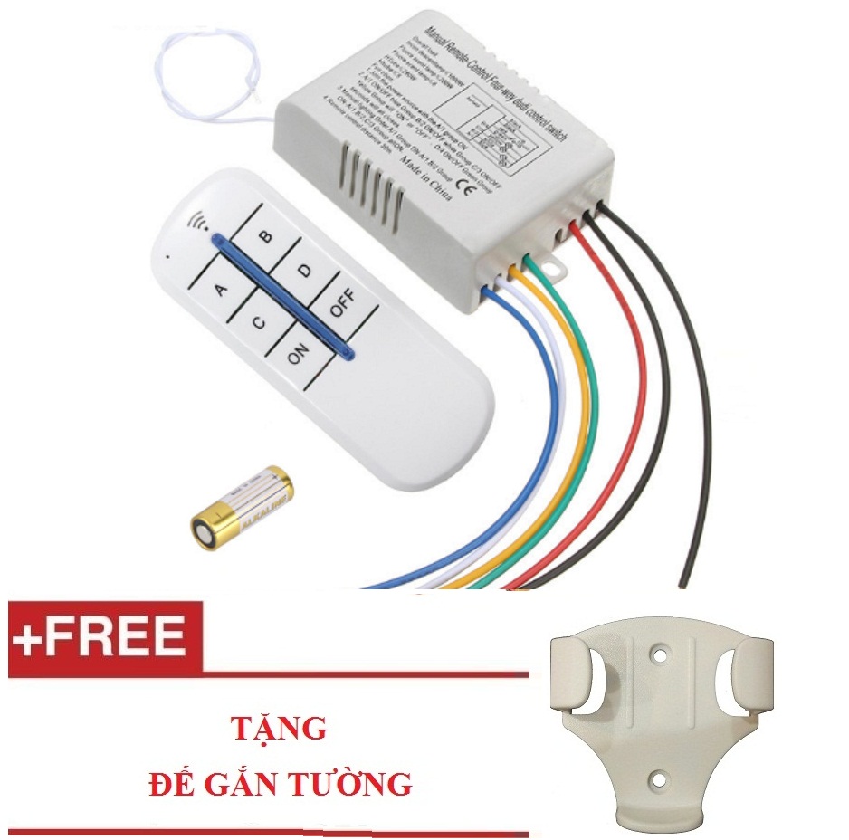 Công tắc điều khiển tắt mở thiết bị điện từ xa xuyên tường bằng sóng RF 4 cổng+Tặng đế treo điều khiển