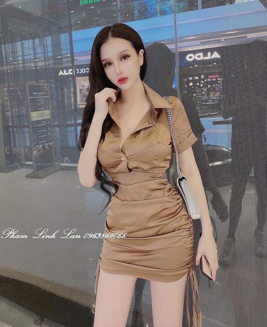 đầm nữ rút dây cổ sơ mi vải vải lụa satin