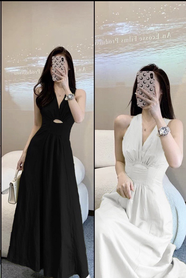 Đầm maxi dáng dài cổ V chất linen siêu mát