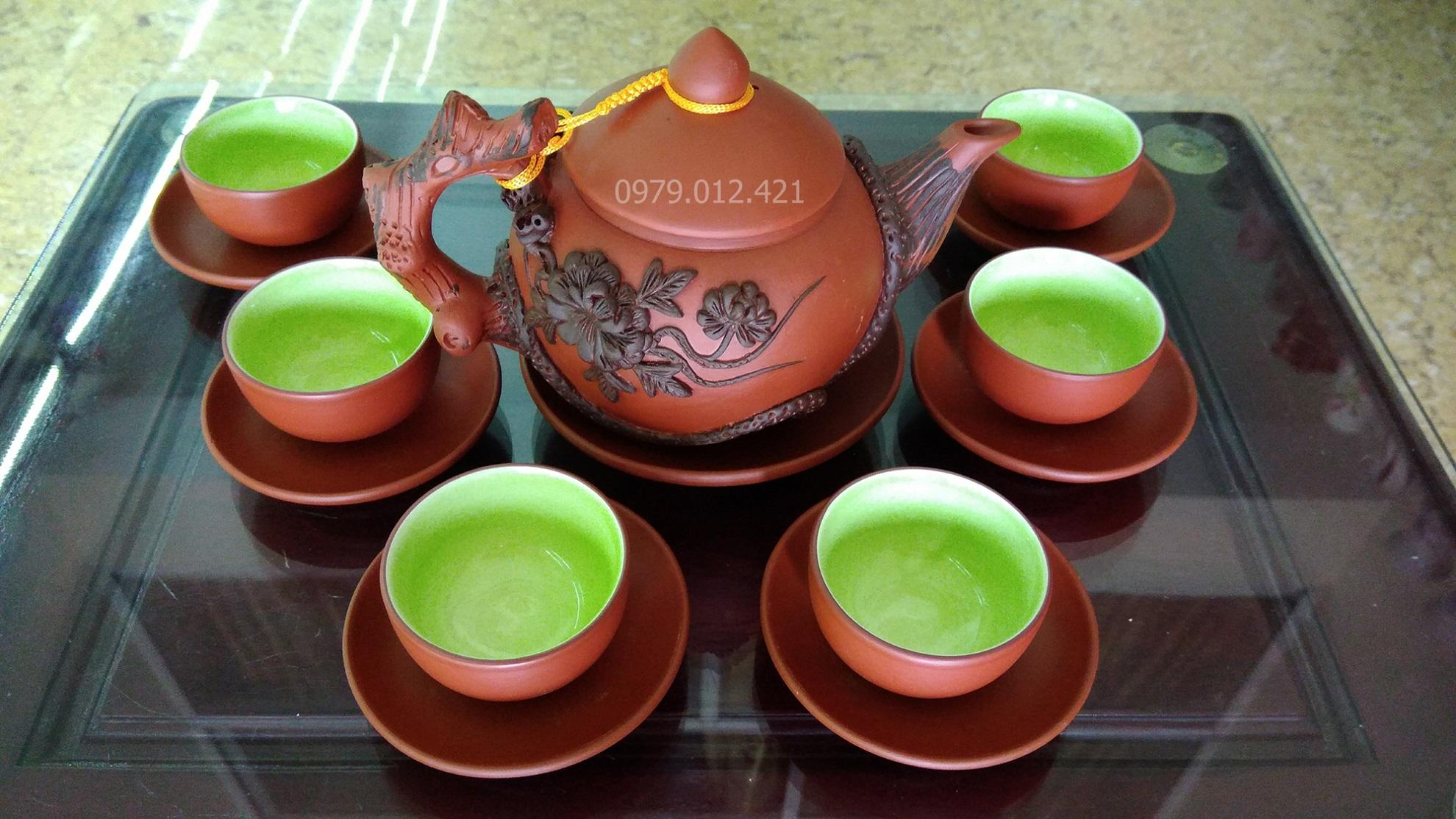 [Sale Sốc] Bộ ấm chén Tử Sa Bát Tràng đắp nổi phù dung đen đỏ