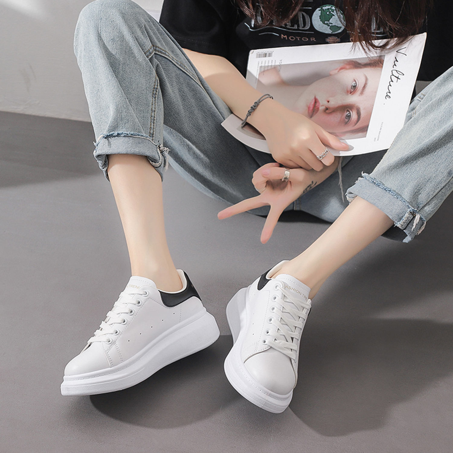 Giày Alexander MCQueen, Giày sneaker MCQ gót nhung độn đế màu trắng nâng chiều cao nam nữ hàng cao cấp
