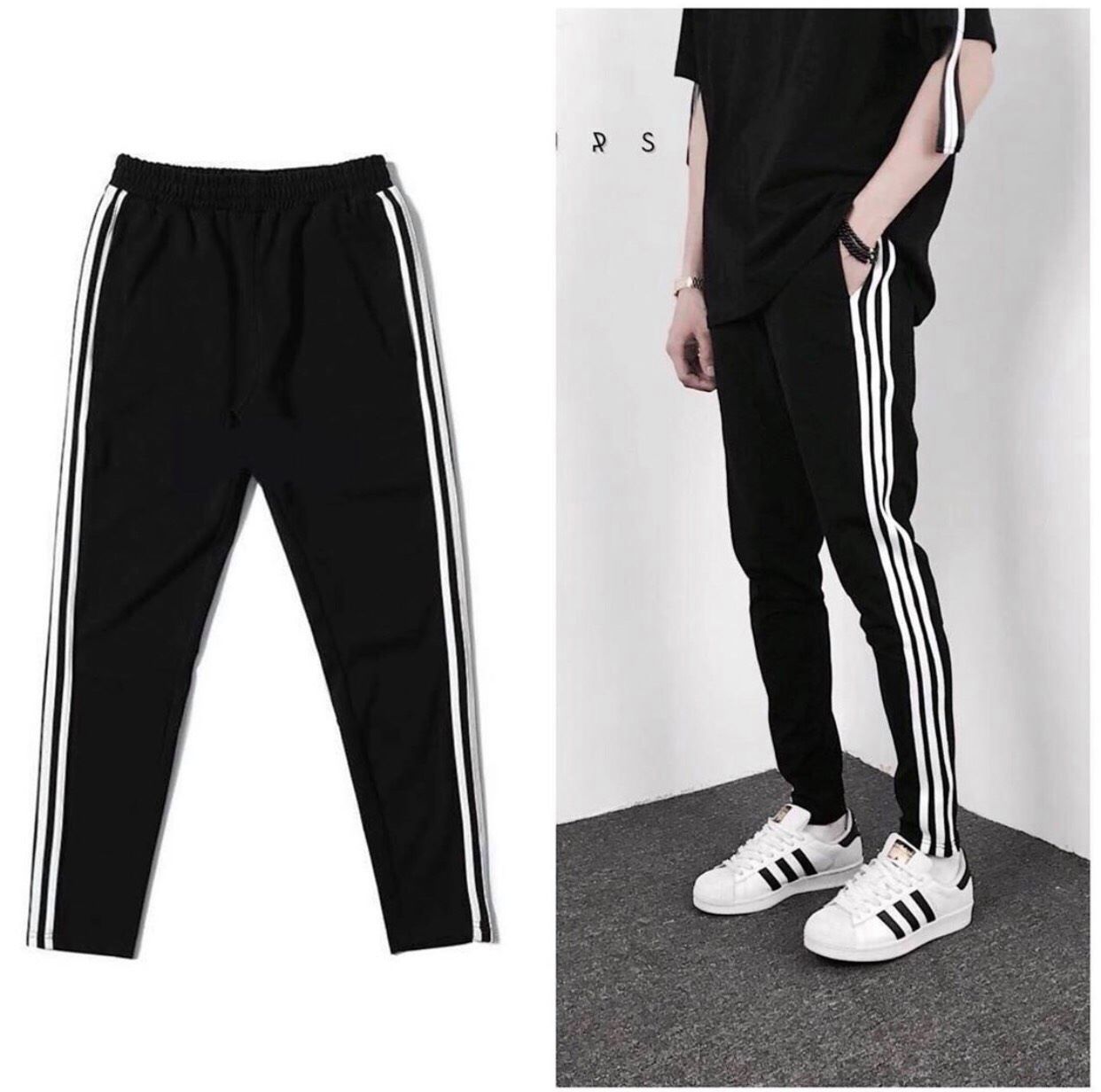 Quần thể thao nam nữ dài sọc 1 sọc ống suông thun poly thể dục unisex