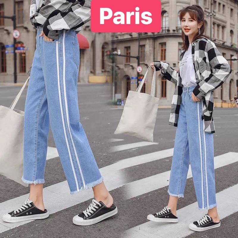 QUẦN BAGGY JEAN NỮ CHẤT BÒ XANH NGỌC ỐNG SUÔNG RỘNG LOE 2 SỌC LƯNG CAO NÂNG MÔNG PR-39 CAO CẤP - PARIS FASHION
