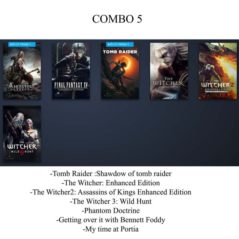 Game dành cho PC - Steam Account -  Combo 5 (Shawdow of Tomb Raider; The Witcher 1,2,3 - ; Ancestors Legacy ; My time at Portia....)  Game PC - Game cho máy tính