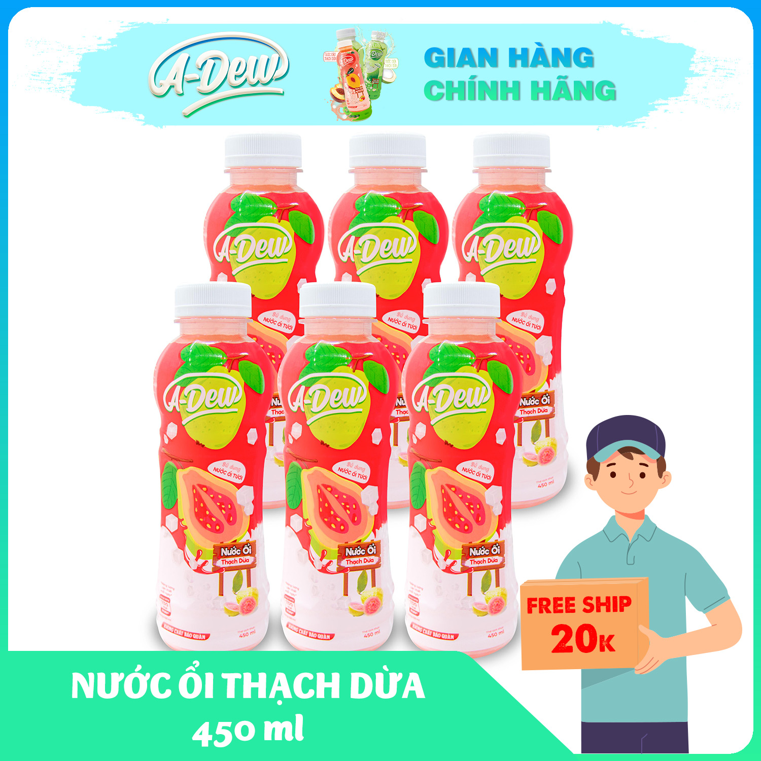 Nước Trái Cây Ổi Thạch Dừa A-Dew Chai 450ml - Lốc 6 Chai