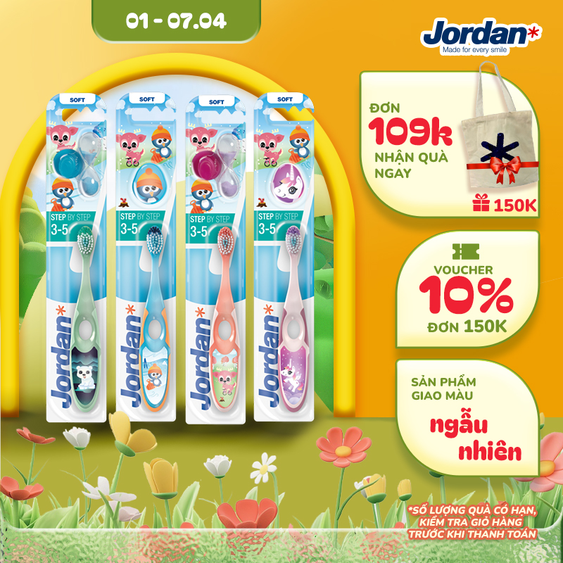 [Giao màu ngẫu nhiên] Combo 4 Bàn chải đánh răng Jordan trẻ em lông tơ mềm bước 2 (step 2) cho bé 3-5 tuổi, xuất xứ Na Uy