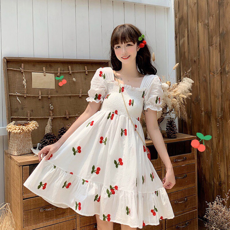 Đầm Voan Xòe In Hình Trái Chery Xinh Xắn TTSA0561