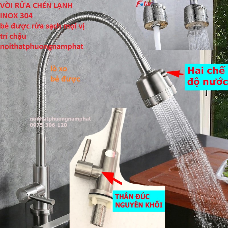 BẺ ĐƯỢC MỌI VỊ TRÍ Vòi Rửa Chén Bát Lạnh Inox 304 Cần Bẻ Lò Xo quay 360 độ dùng cho 2 hộc chậu N5009