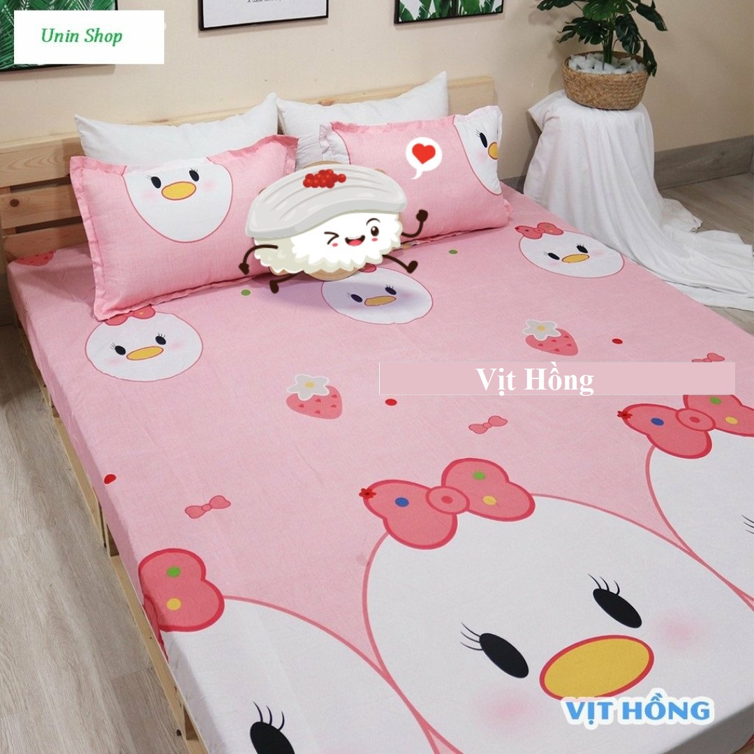 (Freeship50k) Bộ ga gối, Ga giường 3 món, drap bo chun bọc nệm kích thước m6/m8 siêu cute chất Poly - Ga bọc bảo vệ đệm [Vịt Hồng]