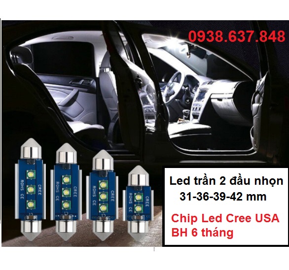 (Sáng vô địch) Bóng Led Cree Festoon 2 đầu 31-36-39-42 mm sáng trắng 6000k chip led Cree siêu sáng dùng trần xe, biển số