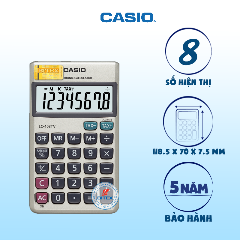 Máy tính CASIO LC-403TV chính hãng, hiển thị 8 số, nhỏ gọn, bỏ vừa túi áo
